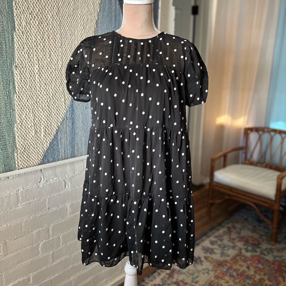 Blu Pepper Black and White Textured Puff Sleeve Polkadot Babydoll Dress - Picture 3 of 9